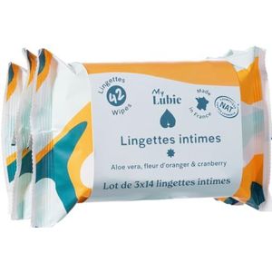 MY LUBIE - 3 x 14 natuurlijke en rustgevende intieme doekjes - Geurvrij, gemengd, zacht en wegwerpbaar in het toilet - Compact pakket - Cranberry, oranjebloesem en aloë vera - Pak van 3