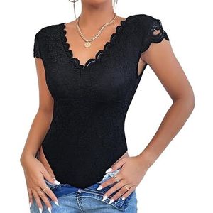 Haibang Body Damen Sexy V-hals Korte Mouwen Bodysuit Elegant Borduurwerk Kant Body Bloemen Rugvrij Bovendeel Slim Fit Jumpsuit Overall Zomer Damesbody Kanten Blouse Party Club Shirts, Zwart