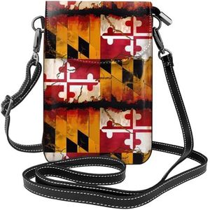 Vintage Houten Maryland Vlag Lederen Cross Body Flip Telefoon Tas Met Afneembare Schouderbanden, Gebruikt Voor Reizen, Dating, Vakantie Geschenken, Zwart, Eén maat