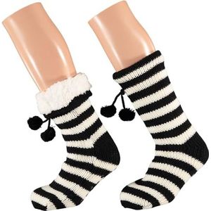 Morethansocks - Slofsoken dames stripes - Zwart - Maat 36/41-1-Paar - Huissok - Fluffy sokken - Slofsokken anti slip - Anti slip sokken - Warme sokken - Winter sokken