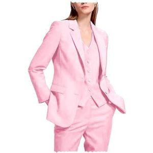 Vrouwen 3-delig pak piek revers broekpak zakelijke casual outfits bruiloft zakelijke formele kantoor dame outfits, roze, S