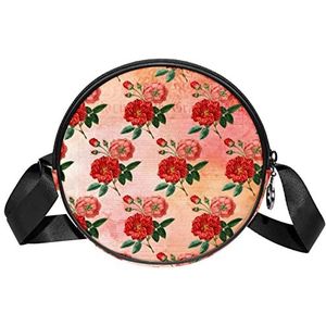 Ronde Crossbody Tas Messenger Purse Voor Vrouwen Rode Rose Bloemen Patroon Liefde Romantisch, Meerkleurig, 6.7x6.7x2.3 in, Sling Rugzakken
