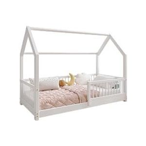 TIMBEE ZOJA - Houten kinderbed - in huisvorm met ronde sporten - Stevige constructie van natuurlijk hout - Duurzaam en elegant - Wit - 100x200cm - 3cm lange poten