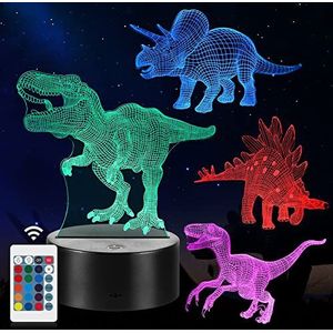 Dinosaurus 3D nachtlampje geschenken, 4 stuks nachtlampje speelgoed met 16 kleur veranderende en afstandsbediening, cadeaus voor jongens