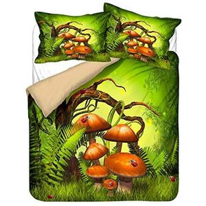 Fantasy Forest Secret Realm Beddengoedset met paddenstoelen, digitale 3D-print, microvezel, dekbedovertrek en kussensloop, 50 x 75 cm, groen, blauw, paars, vlinder, lieveheersbeestje, bloemen