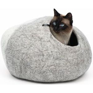 LucyBalu® Premium Kattenhol van vilt | Natuurlijk kattenbed van 100% pluizige wol | Kattenhol van vilt, handgemaakt in Nepal | Knuffelhol voor katten | 45x45x28 cm | Lichtgrijs/wit
