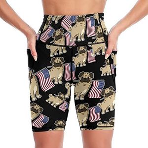 Mopshond Amerikaanse vlag dames yoga biker shorts hoge taille workout broek met zakken