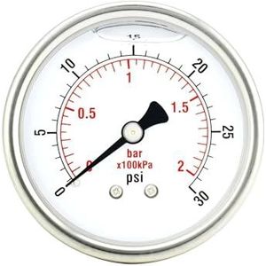 kaliber 2"", roestvrijstalen behuizing, vloeistofvulling, montage aan de achterkant, 30 psi