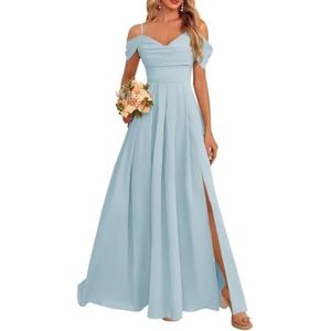Dames chiffon bruidsmeisjes jurken met split lange galajurken ruches cocktailjurk plus size, Baby Blauw, 34