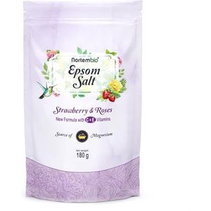 Nortembio Epsomzout 100% Geur Aardbei & Rozen 180 g – Natuurlijke Bron van Magnesium | Met Hydraterende Vitamine C en E | Voor Ontspanningsbaden, Spa en Huidverzorging + Gratis E-Book