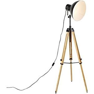 QAZQA - Industrieel | Industrie tripod vloerlamp zwart met hout - Mangoes | Woonkamer | Slaapkamer - Hout Langwerpig - E27 Geschikt voor LED - Max. 1 x 40 Watt