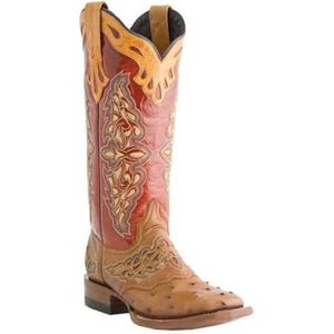 Lmtossey Dames geborduurde bloem cowboylaarzen dames kniehoge laarzen puntige teen casual schoenen dikke hak laarzen, Rood, 44 EU