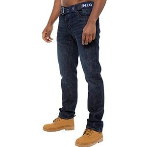 989Zé ENZO Mens rechte been jeans broek regular fit denim broek gratis riem, Donkerblauw, 34W / 32L