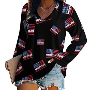 Wrestling USA Vlag nieuwigheid vrouwen blouse tops V-hals tuniek t-shirt voor legging lange mouw casual trui