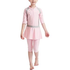 WOWDECOR Moslim badkleding voor meisjes, twee stuks lange mouwen shorts zwemkostuum met zwemrok set, roze, XL