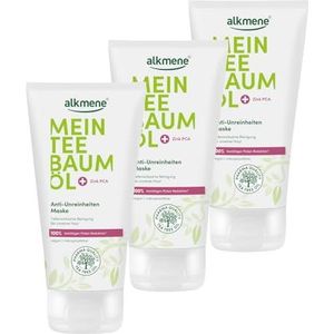 alkmene 3 x tea tree oliemasker tegen puistjes, mee-eters en onzuiverheden, veganistisch, 75 ml, 100% tegen puistjesvermindering, gezichtsmasker voor mannen en vrouwen, gezichtsmasker tegen puistjes