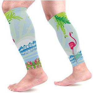 EZIOLY Groene palmen en roze flamingo sport kalf compressie mouwen been compressie sokken kuitbeschermer voor hardlopen, fietsen, moederschap, reizen, verpleegkundigen