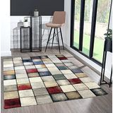 the carpet Monde Deluxe tapijt voor de woonkamer, handgesneden, laagpolig, kleurrijk, blauw, wit, rood, grijs, goud, vierkant patroon, 160 x 230 cm