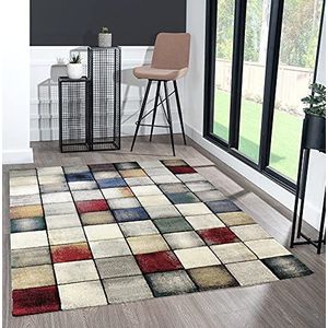 the carpet Monde Deluxe tapijt voor de woonkamer, handgesneden, laagpolig, kleurrijk, blauw, wit, rood, grijs, goud, vierkant patroon, 160 x 230 cm