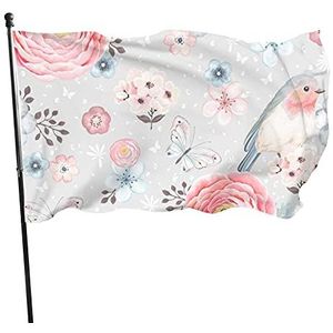 Vlag 90x150cm, roze bloem vogel vlinder decoratieve vlag 2 metalen oogjes huis tuin vlag decoratie briesvlag voor vieringen, carnaval, festival