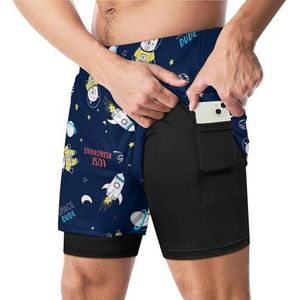 Bear in Space Grappige Zwembroek met Compressie Liner & Pocket Voor Mannen Board Zwemmen Sport Shorts