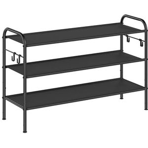 SONGMICS Schoenenrek, schoenenstandaard met 3 niveaus, rek van stof, met 4 zijhaken, voor 15 paar schoenen, in hoogte verstelbare plank, entree, garderobe, eenvoudige montage, inktzwart LMR139B01