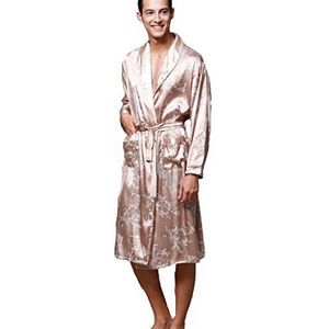 Heren nachthemd Robe Satijn Kimono ochtendjas Heren Kimono Robe Lange Mouwen Badjas Nachtkleding Zijden Pyjamas, beige, XXL