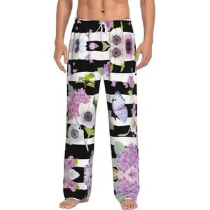 Gestreepte Bloem Vlinder Mannen Lange Lounge Wear Broek Nachtkleding Pyjama Bottoms Nachtkleding Met Zakken En Trekkoord, Wit, S