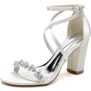 GHSIRUEU Vrouwen 3.35 Inch Hoge Chunky Hakken Dress Pump Open Teen Kruis Enkelband Strass bruiloft blokhak sandalen,ivoor,36 EU