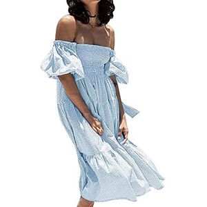 Dames zomer Boho wrap bladerdeeg mouwen jurk vierkante hals strik casual off-shoulder strandfeest maxi midi lange jurk Y2k (kleur: blauw, maat: M)