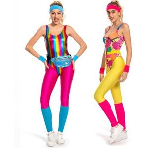 YANVS Fitnesspak in jaren ‘80-stijl, voor dames, 6-delige set kleurrijke jumpsuit, vintage, aerobicskleding, geschikt voor yoga, broek, sportkleding, roze, M