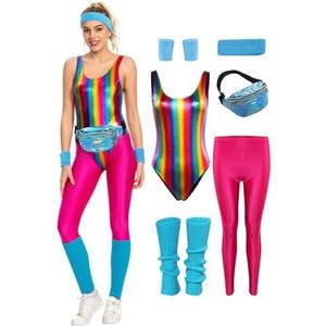 YANVS Fitnesspak in jaren ‘80-stijl, voor dames, 6-delige set kleurrijke jumpsuit, vintage, aerobicskleding, geschikt voor yoga, broek, sportkleding, roze, M
