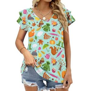 Herfst Dieren Bos Herfst Leuke Vos Grafische Blouse Top Voor Vrouwen V-hals Tuniek Top Korte Mouw Volant T-shirt Grappig