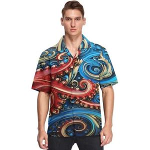 Octopus Abstract Blauw Rood Shirts voor Mannen Korte Mouw Button Down Hawaiiaanse Shirt voor Zomer Strand, Patroon, S