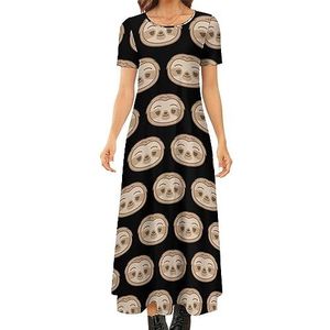 Leuke luiaard hoofd vrouwen zomer casual korte mouw maxi jurk ronde hals bedrukte lange jurken 5XL