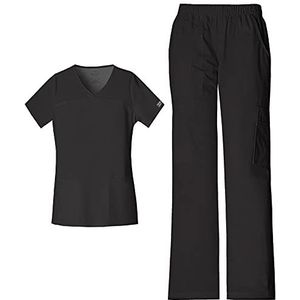 Dames Scrubs Set Werkkleding Core Stretch 4727 V-hals Top & 4005 Mid Rise Pull-On Cargo Broek, Zwart-XS Top/XXS Broek