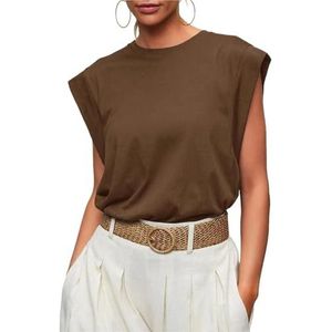 Dames zomerse katoenen tanktops met kapmouwtjes, basic T-shirts, casual tanktops met losse pasvorm(Coffee brown,XXL)