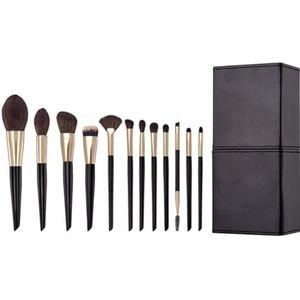 MQPALZKD Zwart goud 12-punts make-upborstelset Zachte poederverstrooiingsborstel Diagonale beeldhouwborstel