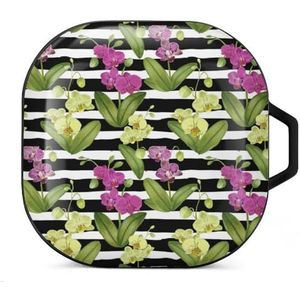 Tropisch patroon met orchideebloemen oordopjes hoesje compatibel met Samsung hard shell beschermhoes zwart-stijl