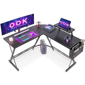 ODK Gaming tafel, gamingbureau hoekbureau voor gamers, bureau L-vorm met monitorstandaard voor kantoor (Zwart, 127 x 127 cm)