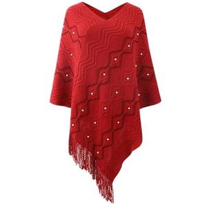 MdybF Poncho's Voor Vrouwen Vrouwen Golvende Mantel Kwastje Sjaal Jas Herfst Winter Mode Patchwork Trui Poncho, Rood, one size