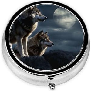 Pillendoosje met spiegel, retro pillendoosje met 3 vakken, wolven in de maanlicht, kleine pillenorganizer voor portemonnee of zak, decoratieve metalen medicijn-vitamineorganizer, unieke geschenken