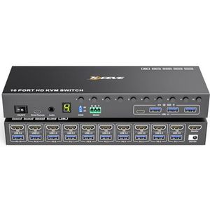 10 Port 8 Port HDMI KVM Switch 4K@60Hz Simuleer EDID, USB 3.0 HDMI KVM Switch voor 10 PCs om 4 USB apparaat en 1 Monitor te Delen,Audio,RS232, met 10 USB Kabels, Draadbesturing,DC 12V Adapter