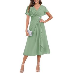 KIYNE Dames thee lengte moeder van de bruid jurken met mouwen ruches chiffon formele jurk avondjurk, Sage Groen, 32