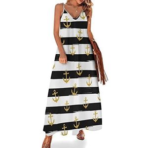 Golded Anchor Glitter Zwart-wit Streep Vrouwen Zomer Maxi Jurk V-hals Mouwloos Spaghetti Band Lange Jurk