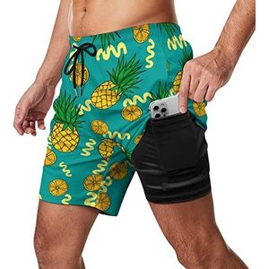 Zwembroek voor heren, met ananas- en citroenpatroon, sneldrogend, 2-in-1 strandsportshorts met compressieliner en zak