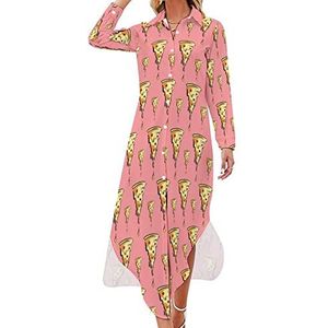 Yummy pizzapatroon dames maxi-jurk lange mouwen knopen overhemd jurk casual feest lange jurken 5XL