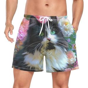 Niigeu Artistic Daisy Flower Cat zwembroek voor heren, sneldrogend, met zakken, Leuke mode, S