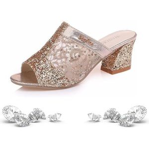 Siersandalen met glitterpailletten, glittersandalen voor dames, lage hak, elegante fonkelende sandalen, bling-schoenen, Goud, 37 EU