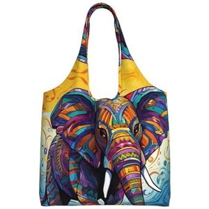 YNCATXZ Kleurrijke Olifant Canvas Tote Bag voor Vrouwen Esthetische Boodschappentassen Schoudertas Herbruikbare Boodschappentassen, Zwart, Eén maat